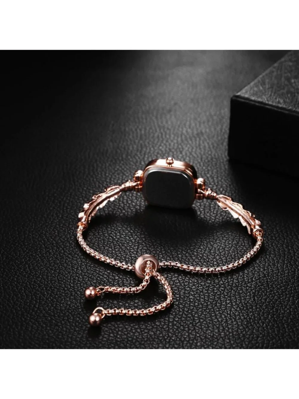 Women Rose Gold Analog Quartz Slim Strap Square Bracelet Rhinestones Wrist Watch